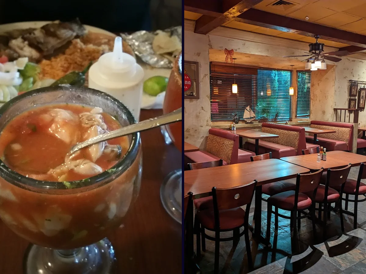 Seafood dishes on white plates