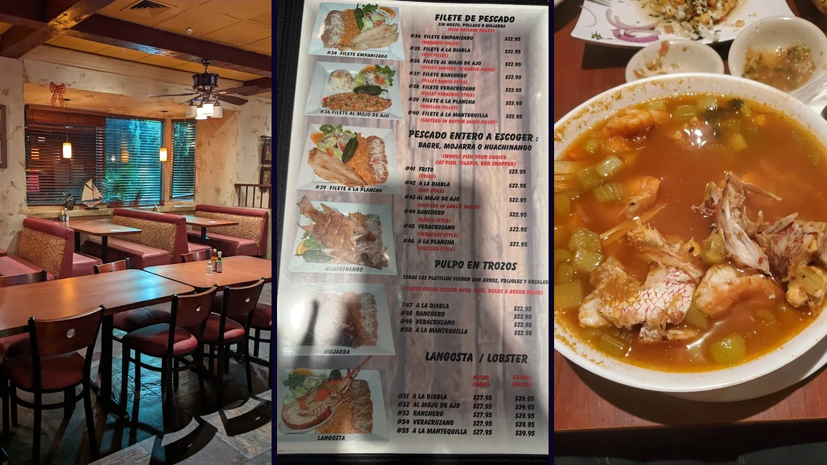 Seafood dishes on white plates