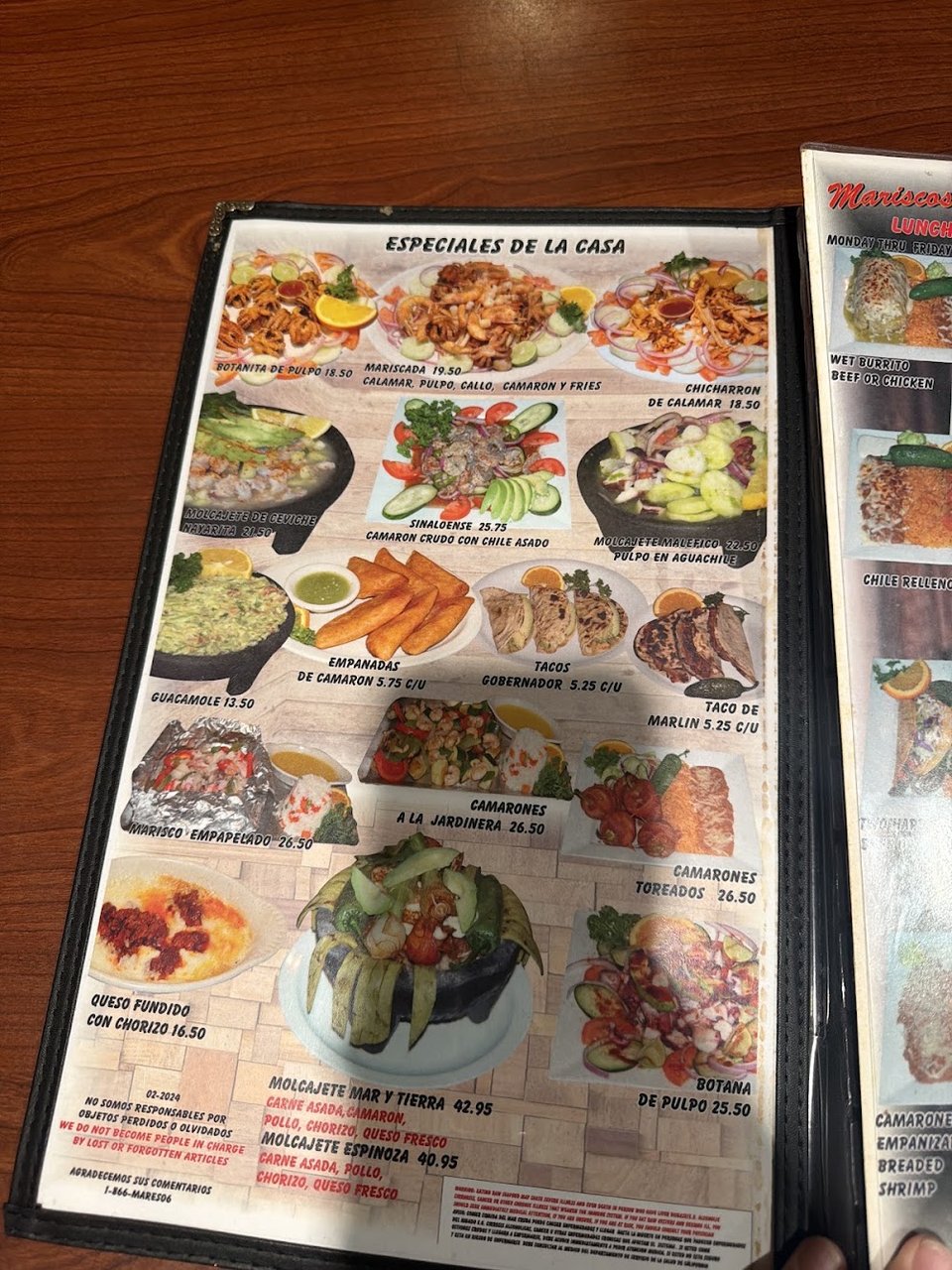 Restaurant menu with drinks and desserts
